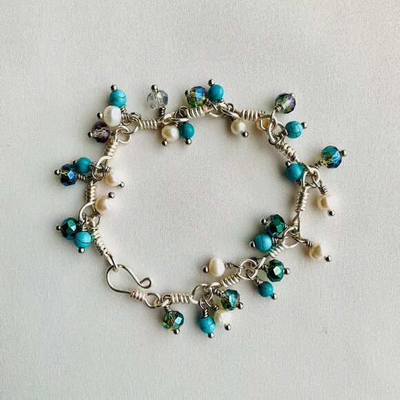 Cluster Bracelet with Turquoise, Pearls, and Crystals. Chain with Dangle Gem - Picture 3 of 16